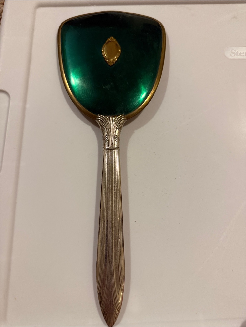 Vintage Art Deco Emerald Green Guilloché Enamel Hand Mirror 1920s Unmarked - Picture 3 of 10